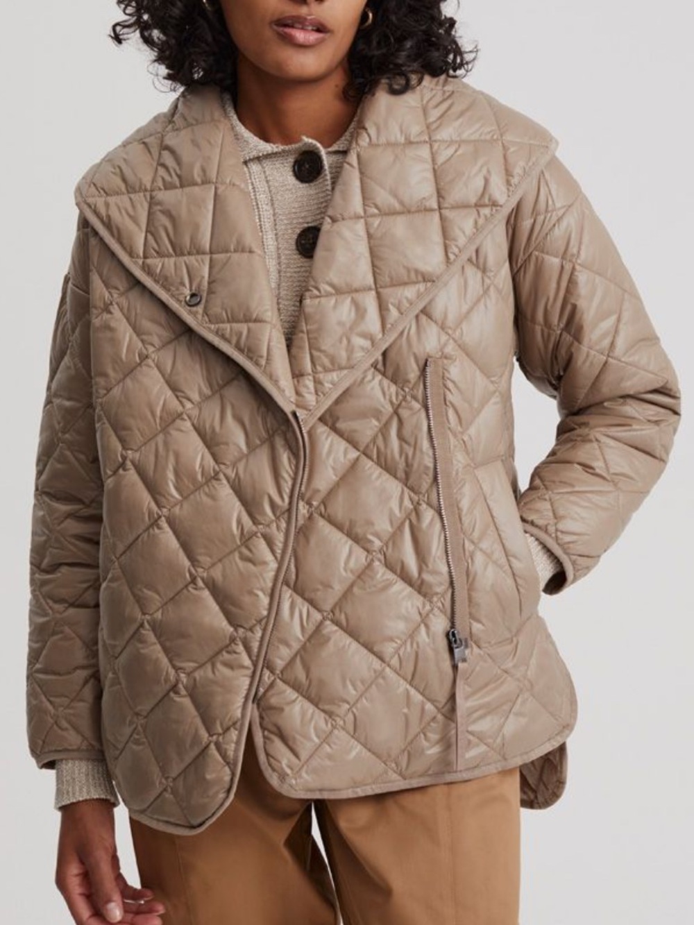 Varley Foster Quilt Jacket tan beige color diamond quilt shawl neck asymmetrical
